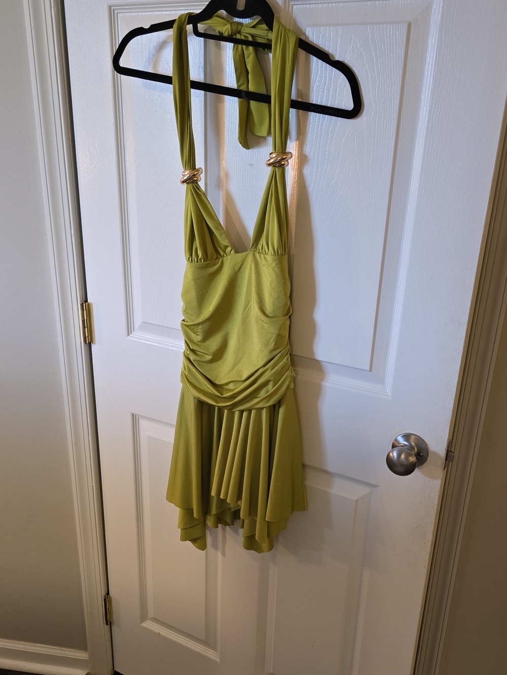 White Fox Boutique Lime Halter Draped Mini Dress with Gold Rings